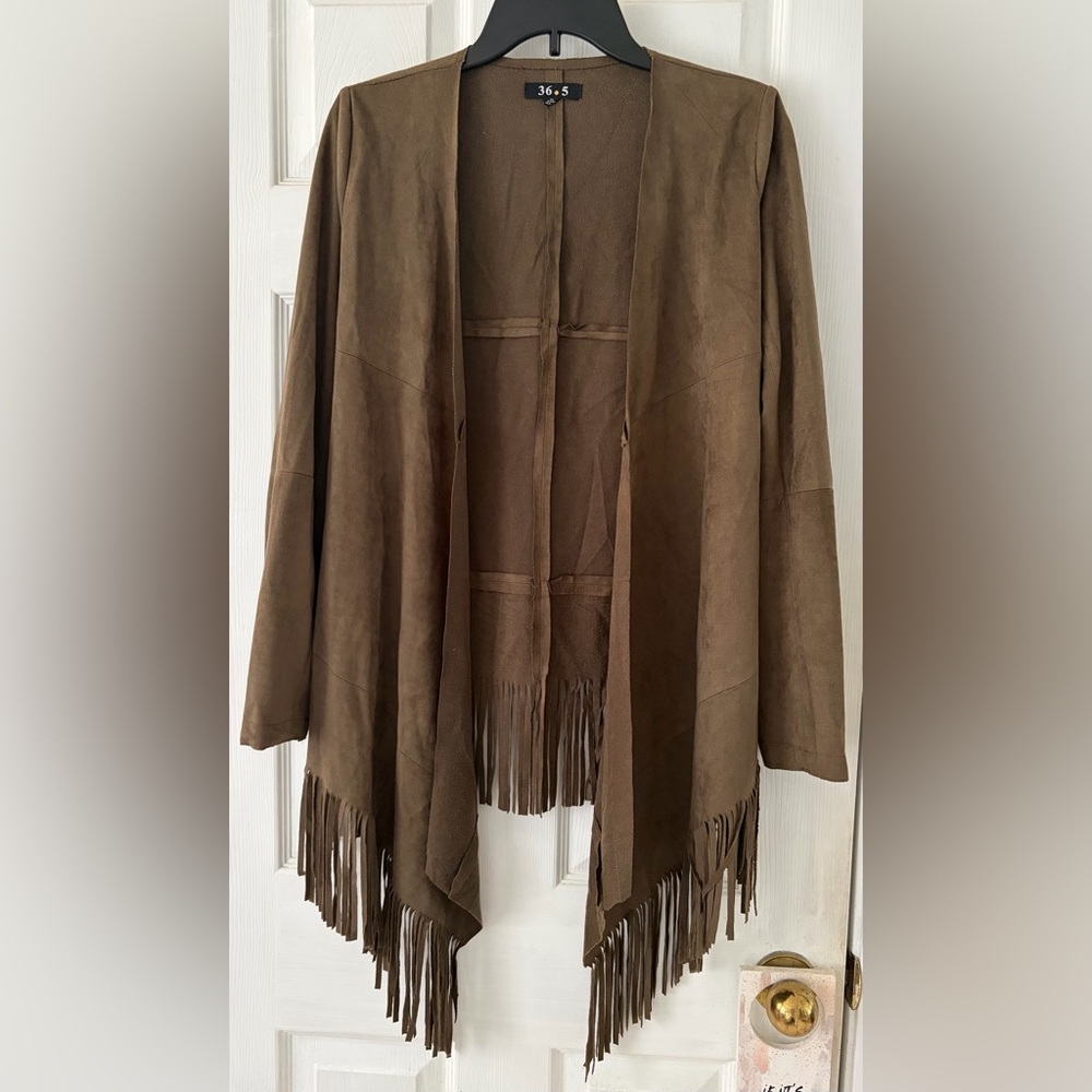 Olive Green Suede Fringe Open Front Jacket